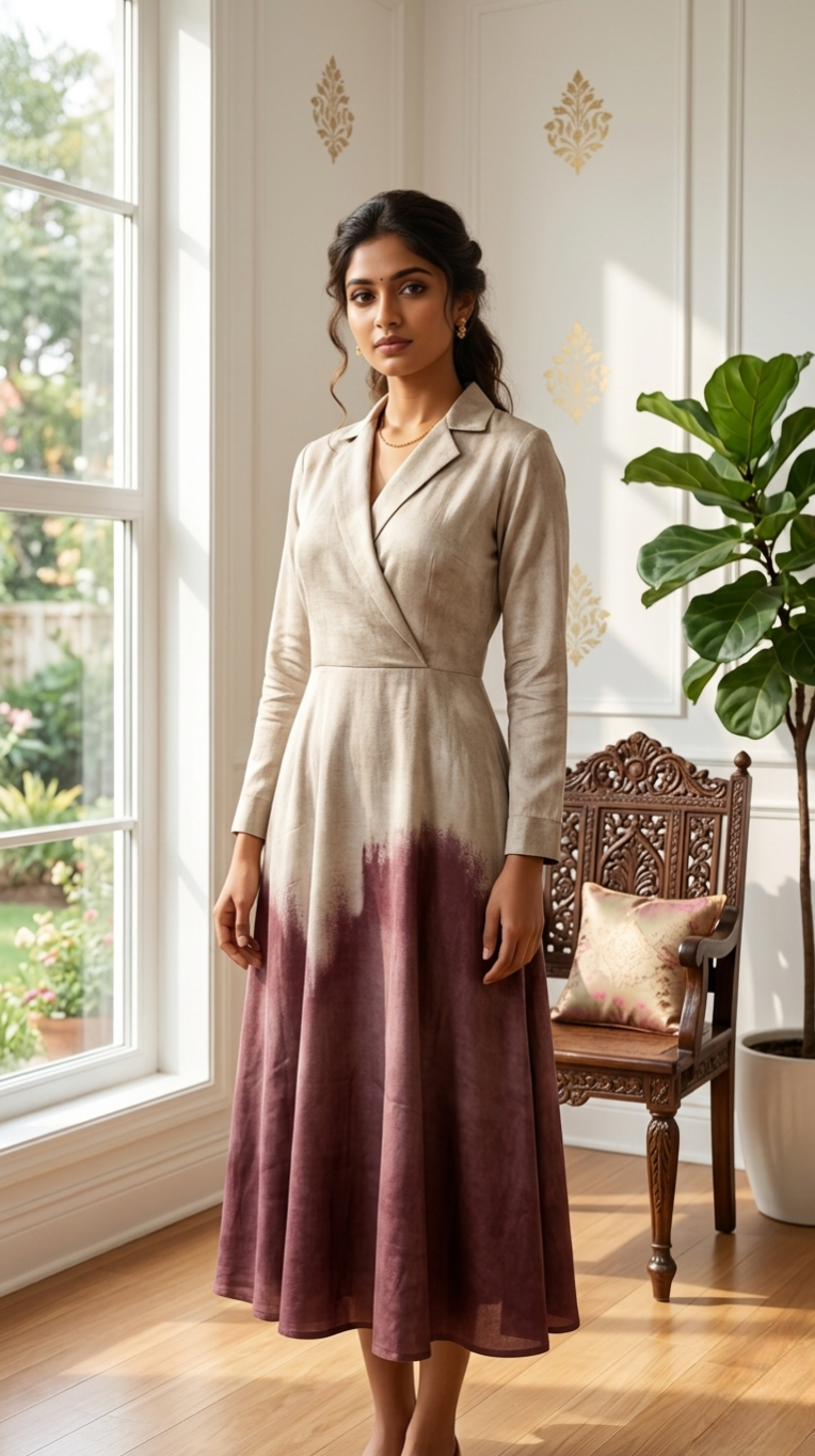 Women Silver With Brown Embroidered Cotton Indo Western One Piece