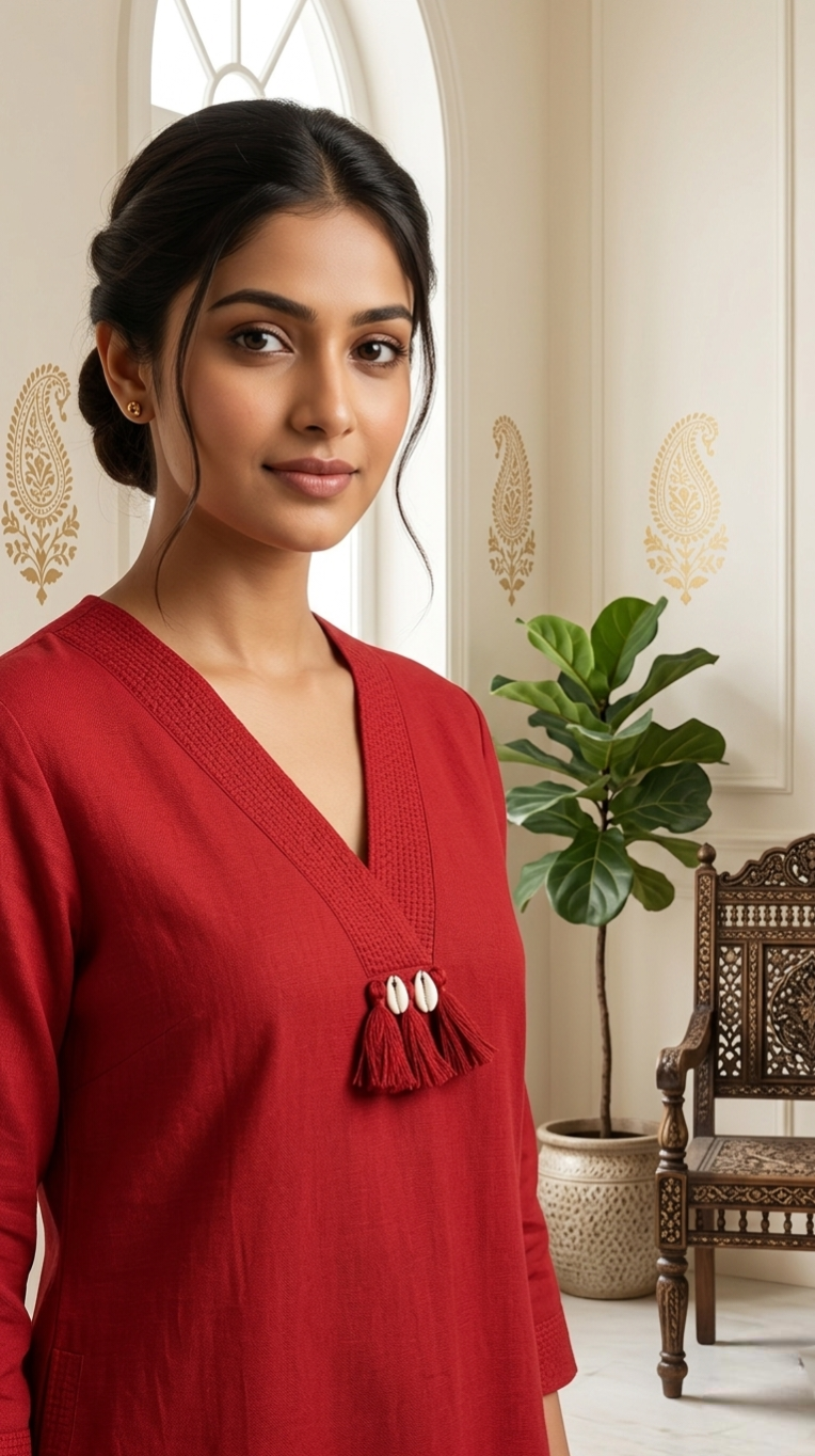 Women Red Embroidered Cotton Kurta Pant Dupatta Set