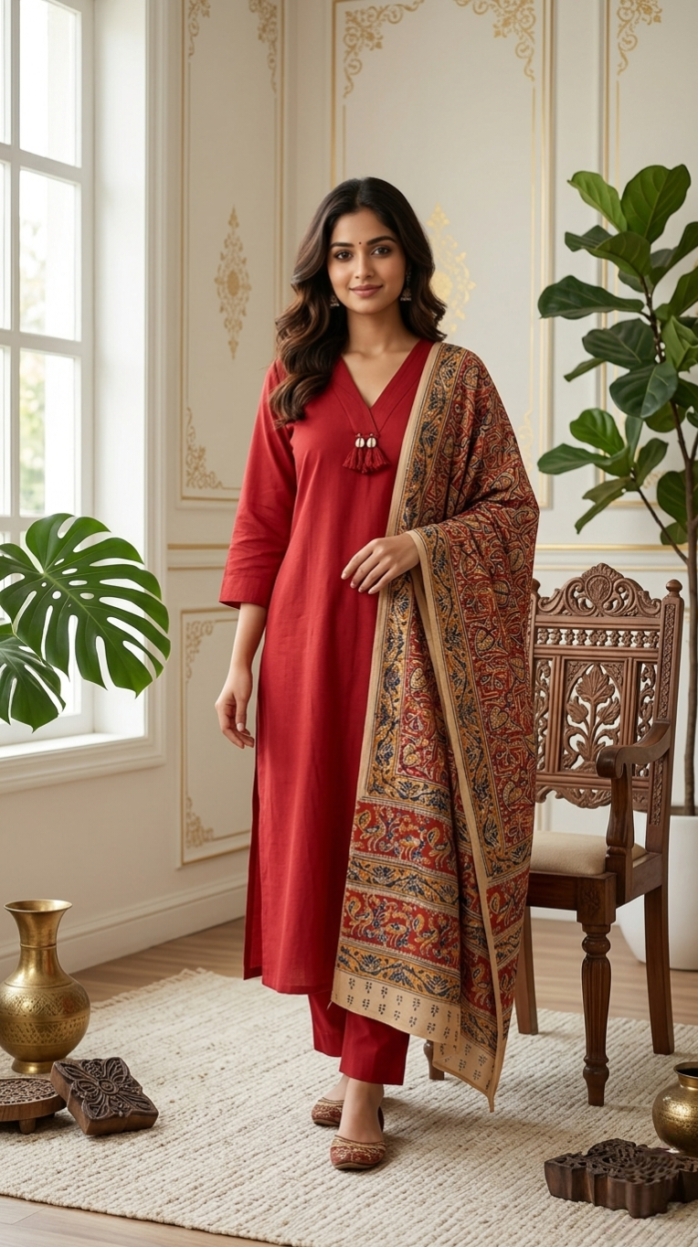 Women Red Embroidered Cotton Kurta Pant Dupatta Set