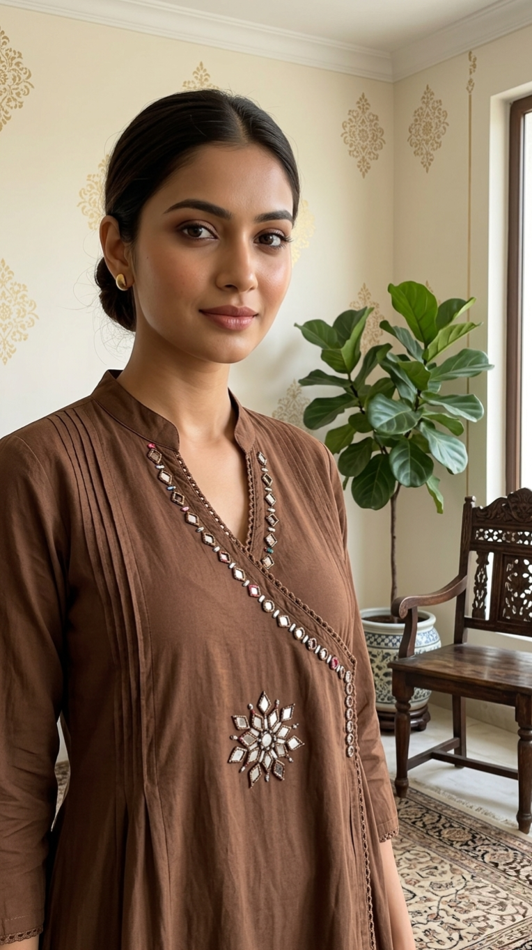 Women Brown Mirror Work Cotton Kurta Plazo Dupatta Set