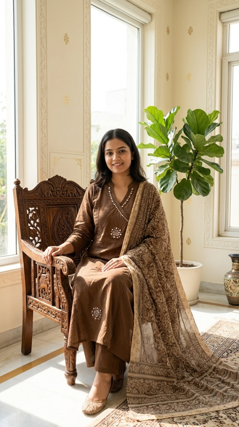 Women Brown Mirror Work Cotton Kurta Plazo Dupatta Set