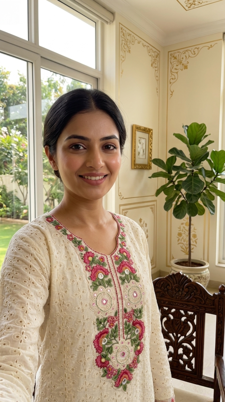 Women Off White Floral Embroidery Cotton Kurta Pant Dupatta Set