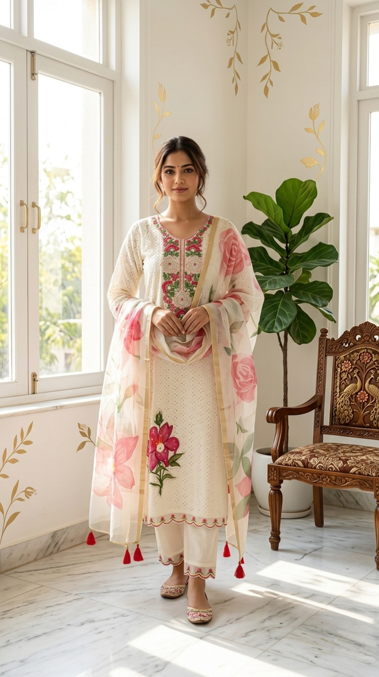 Women Off White Floral Embroidery Cotton Kurta Pant Dupatta Set