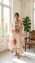Women Off White Floral Embroidery Cotton Kurta Pant Dupatta Set