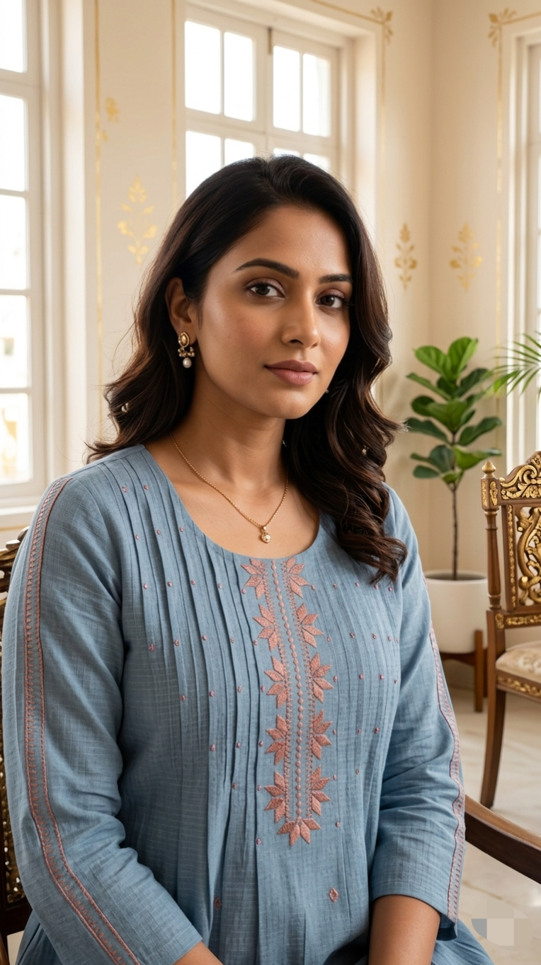 Women Sky Blue Embroidered Cotton Kurta Pant Dupatta Set