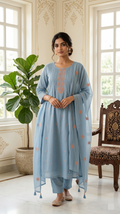 Women Sky Blue Embroidered Cotton Kurta Pant Dupatta Set