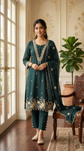 Women Dark Green Floral Embroidered Pure Cotton Kurta Pant Dupatta Set