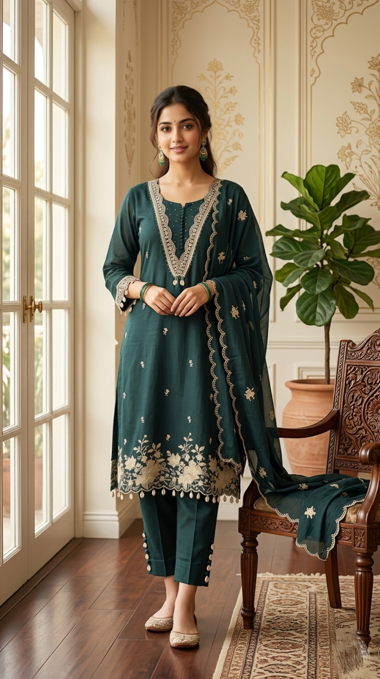 Women Dark Green Floral Embroidered Pure Cotton Kurta Pant Dupatta Set