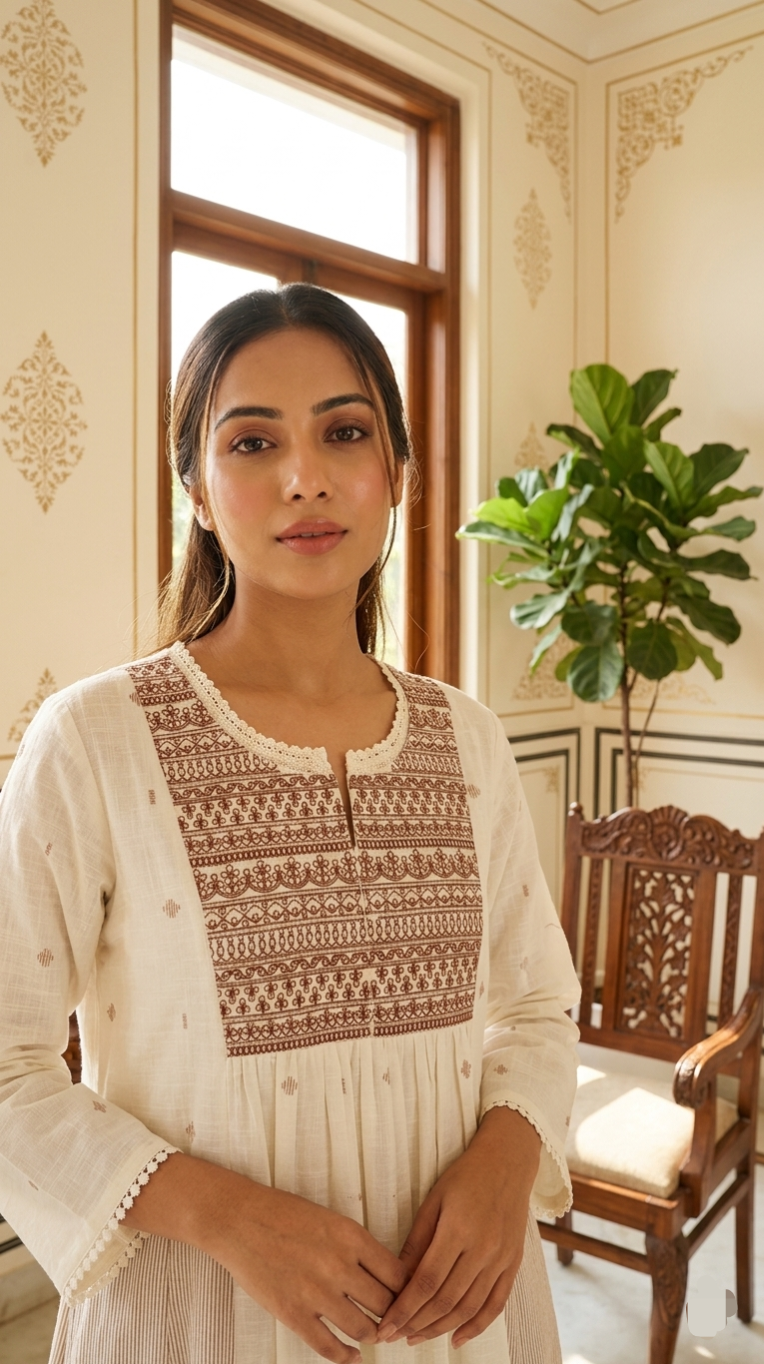 Women White Embroidered Cotton Kurta Pant Set