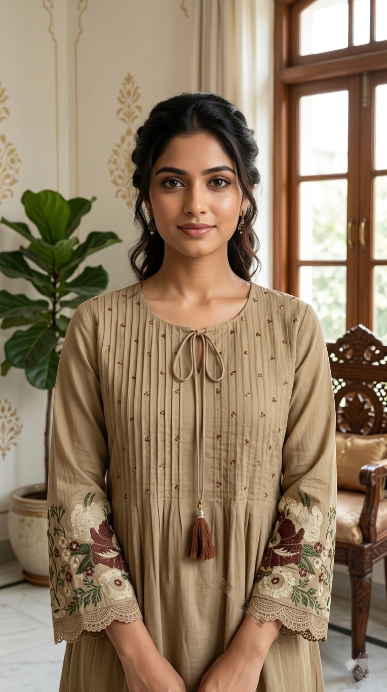 Women Light Brown Embroidered Mal Cotton Kurta Pant Dupatta Set