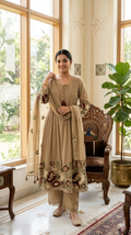 Women Light Brown Embroidered Mal Cotton Kurta Pant Dupatta Set