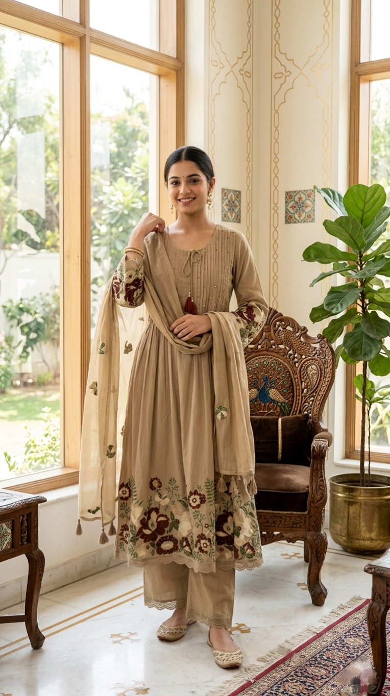 Women Light Brown Embroidered Mal Cotton Kurta Pant Dupatta Set