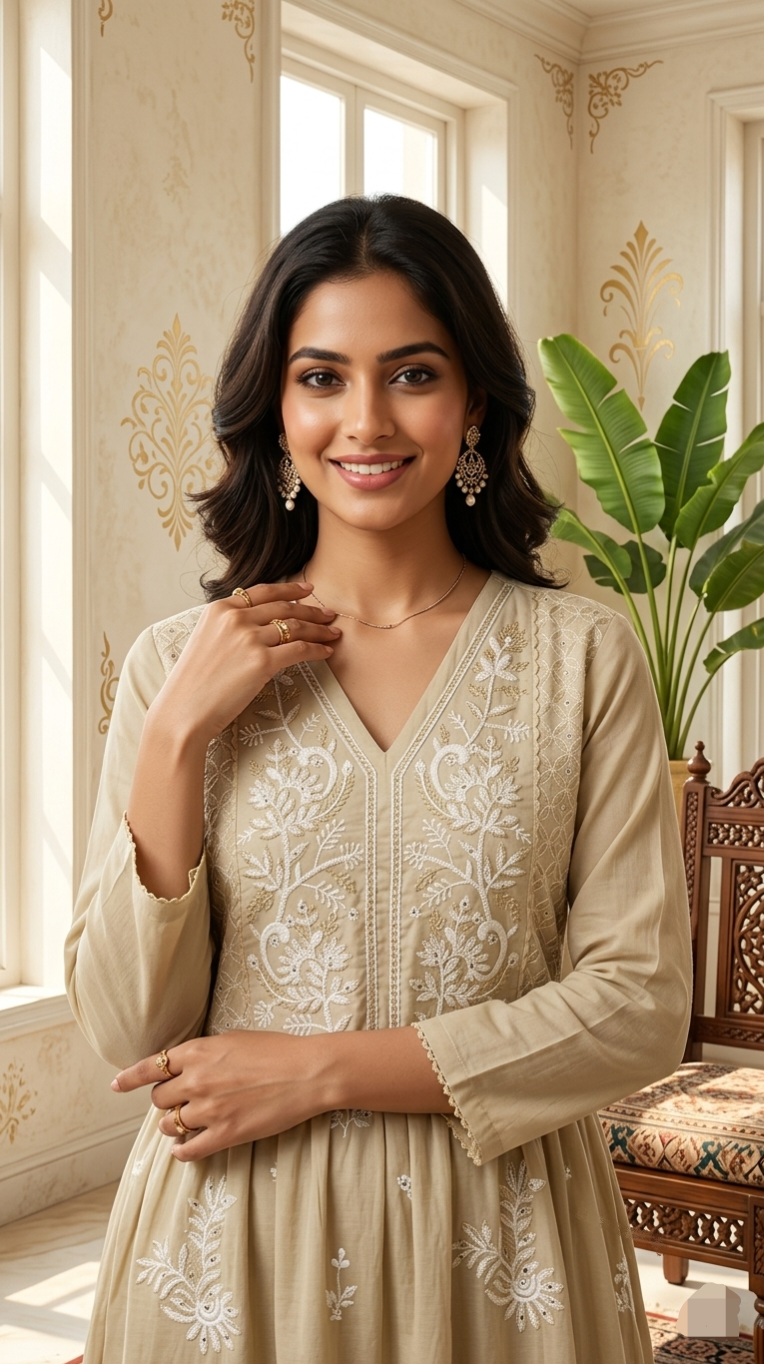 Women Beige Thread Embroidered Pure Cotton Kurta Pant Dupatta Set