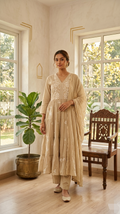 Women Beige Thread Embroidered Pure Cotton Kurta Pant Dupatta Set