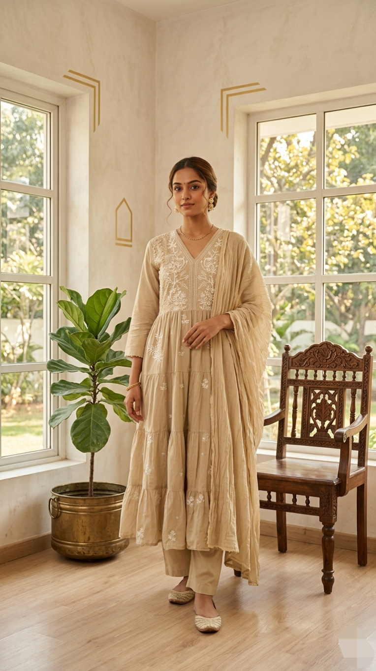 Women Beige Thread Embroidered Pure Cotton Kurta Pant Dupatta Set