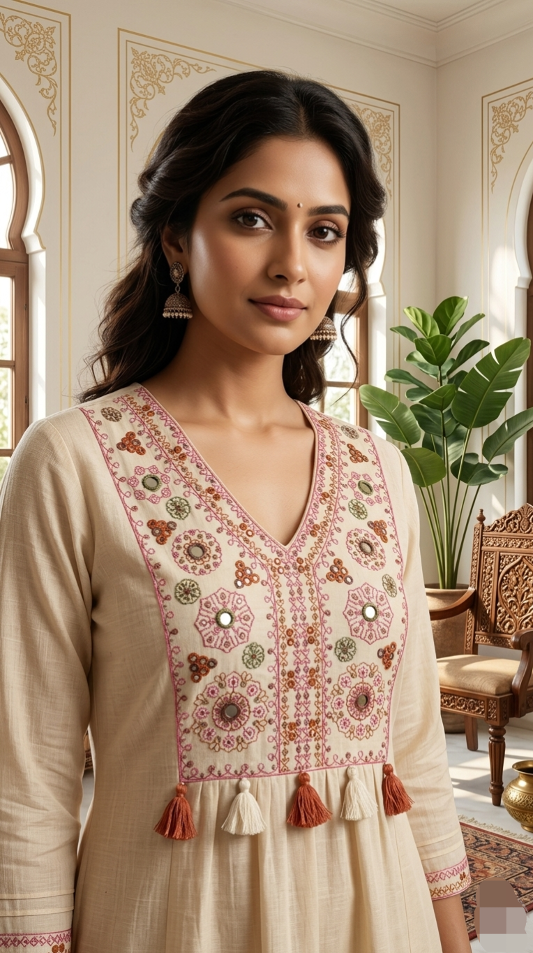 Women Beige Mirror Work Cotton Kurta Pant Dupatta Set