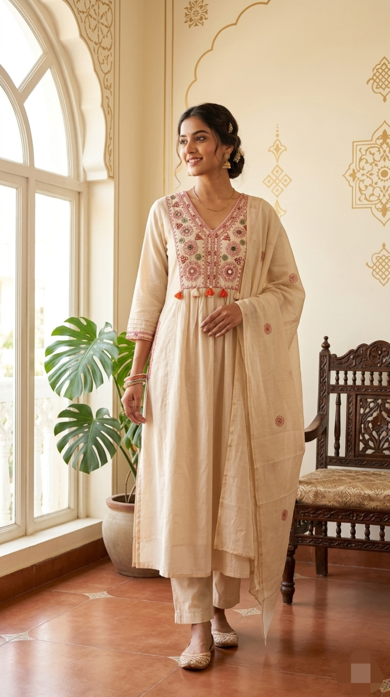 Women Beige Mirror Work Cotton Kurta Pant Dupatta Set