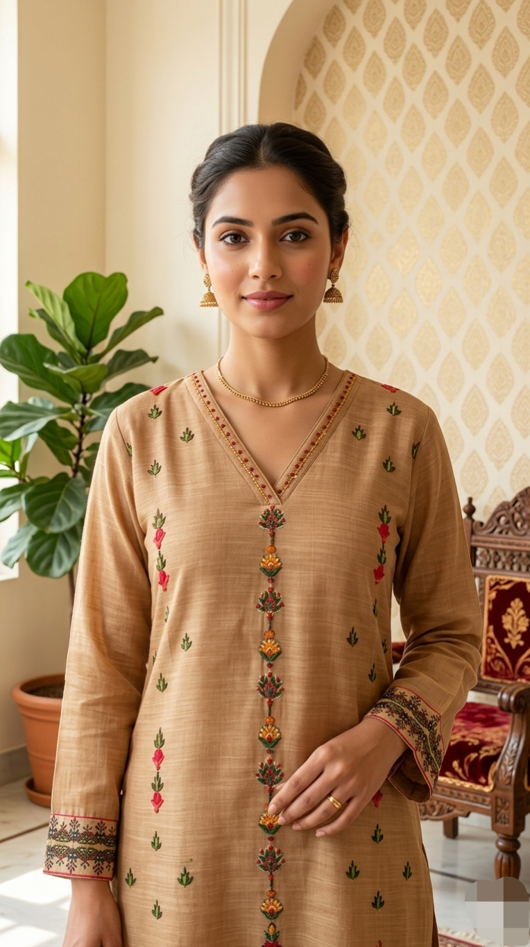 Women Brown Kantha Stitch Work Chanderi Linen Kurta Pant Dupatta Set