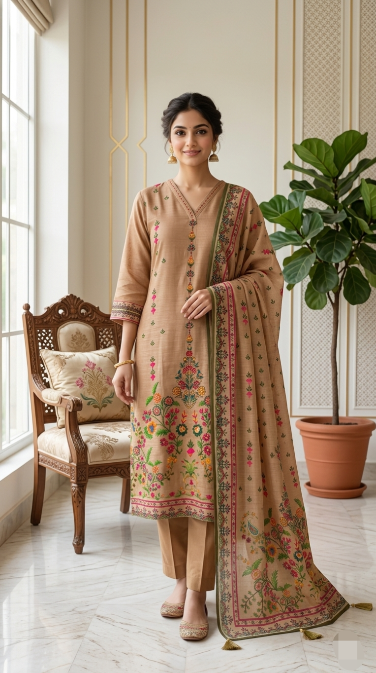 Women Brown Kantha Stitch Work Chanderi Linen Kurta Pant Dupatta Set