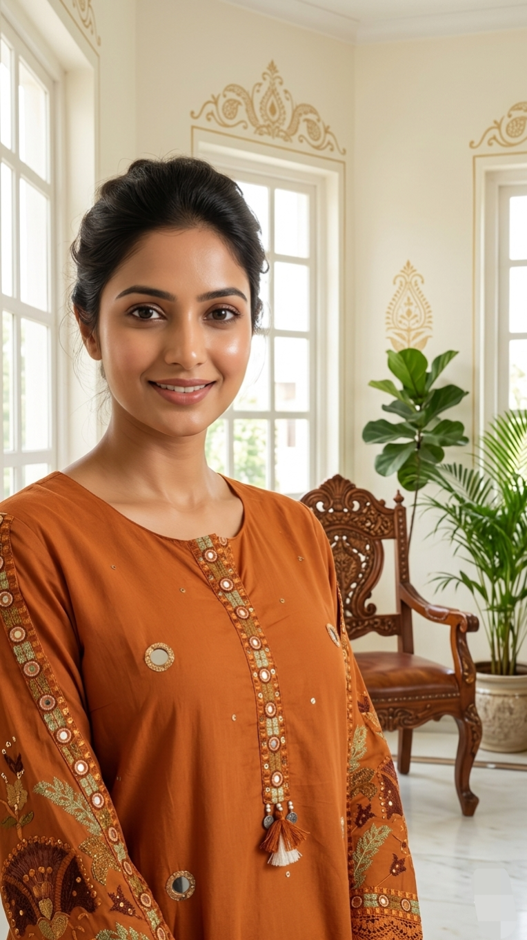 Women Rust Elegant Printed Cotton Kurta Pant Dupatta Set