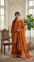 Women Rust Elegant Printed Cotton Kurta Pant Dupatta Set