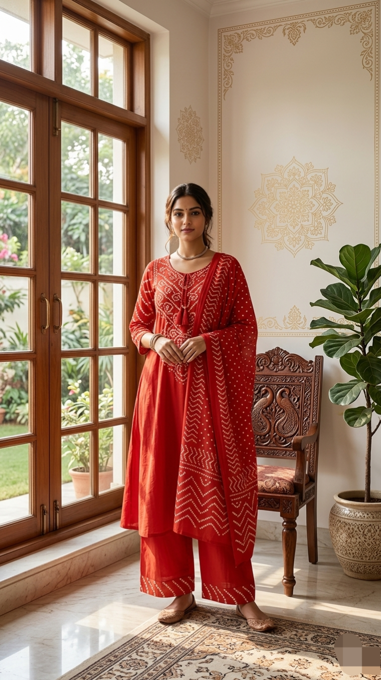 Women Orange Bandhani Printed Cotton Kurta Pant Dupatta Set