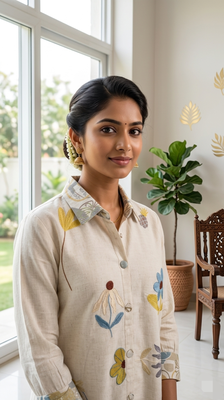 Women Beige Embroidered Cotton Coord Set
