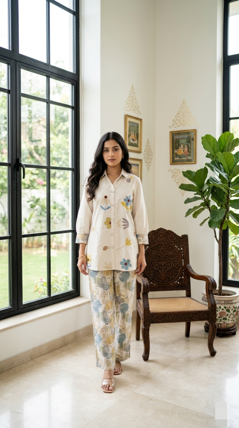 Women Beige Embroidered Cotton Coord Set
