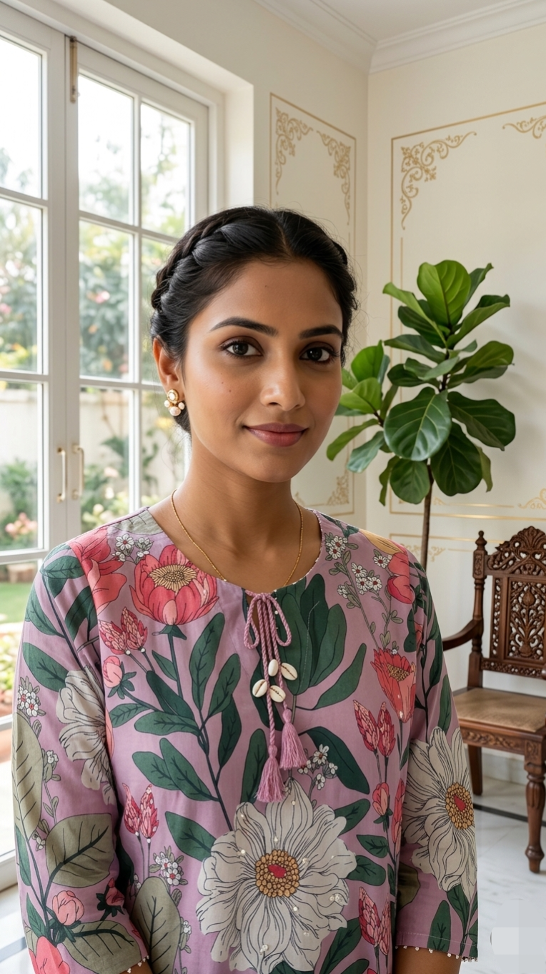 Women Pink Beads Work With Floral Printed Cotton Kurta Pant Dupatta Set