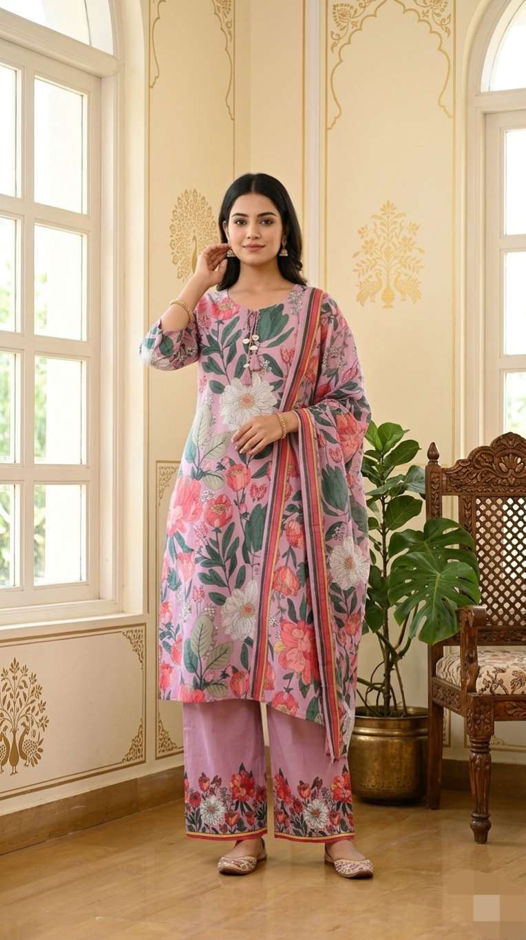 Women Pink Beads Work With Floral Printed Cotton Kurta Pant Dupatta Set