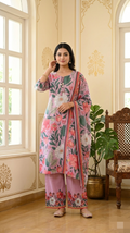 Women Pink Beads Work With Floral Printed Cotton Kurta Pant Dupatta Set