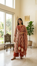 Women Rust Elegant Printed Cotton Kurta Pant Dupatta Set