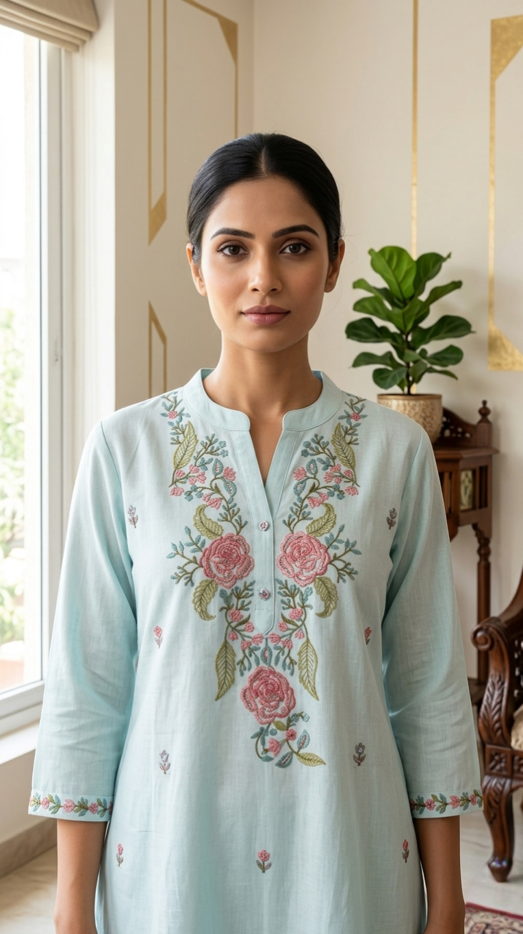 Women Sky Blue Floral Embroidered Cotton Kurta Pant Dupatta Set