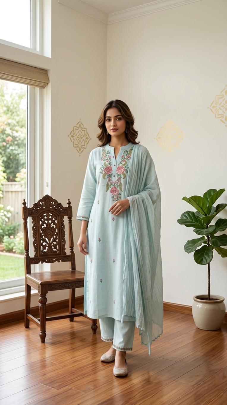 Women Sky Blue Floral Embroidered Cotton Kurta Pant Dupatta Set
