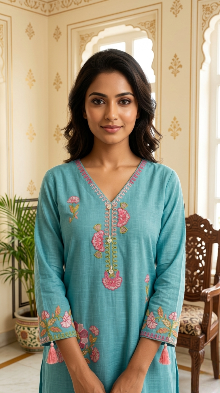 Women Sky Blue Embroidered Cotton Kurta Pant Dupatta Set