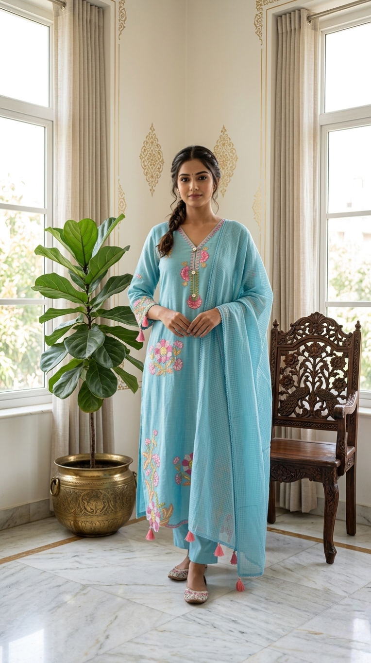 Women Sky Blue Embroidered Cotton Kurta Pant Dupatta Set