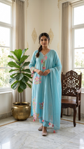 Women Sky Blue Embroidered Cotton Kurta Pant Dupatta Set