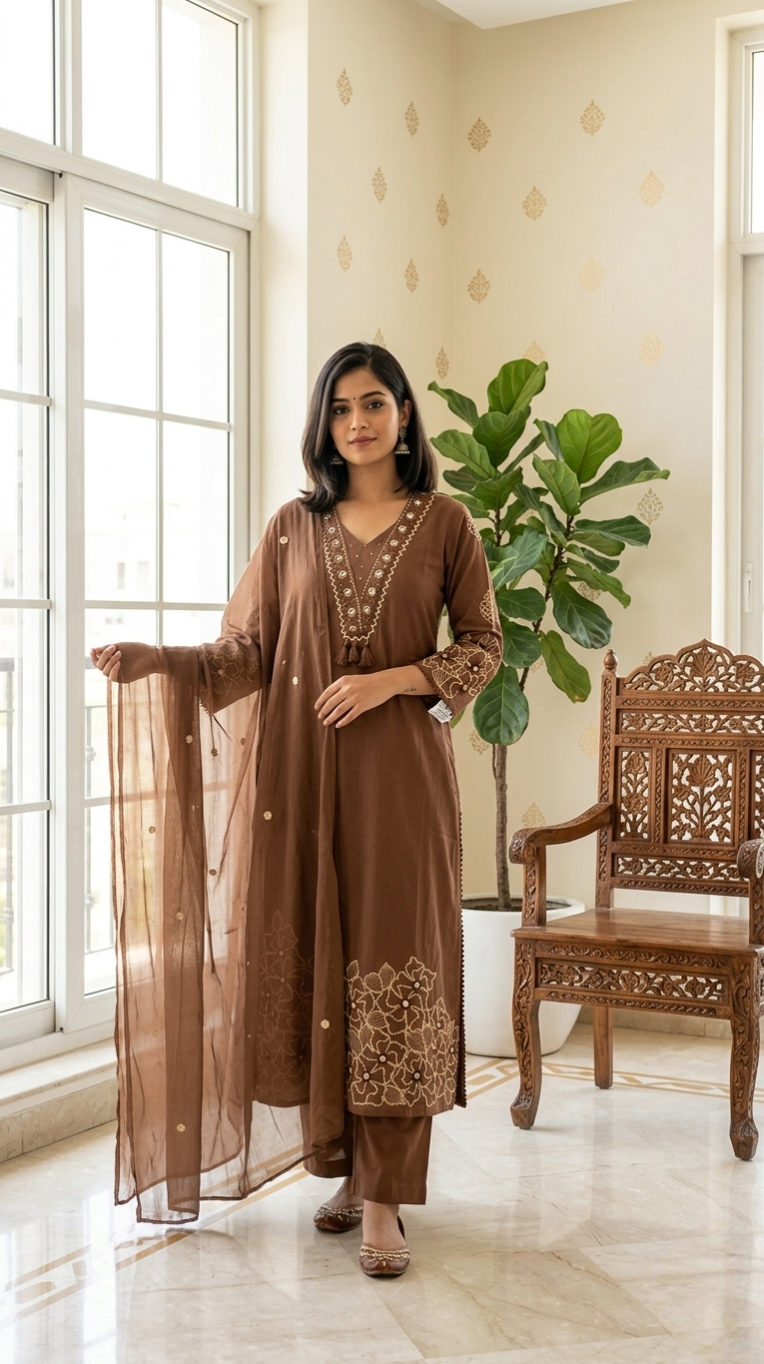Women Brown Mirror Work With Embroidered Cotton Kurta Pant Dupatta Set