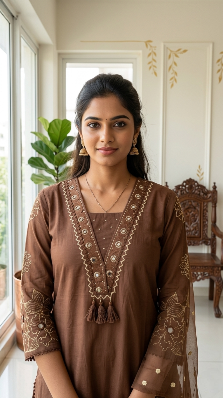 Women Brown Mirror Work With Embroidered Cotton Kurta Pant Dupatta Set