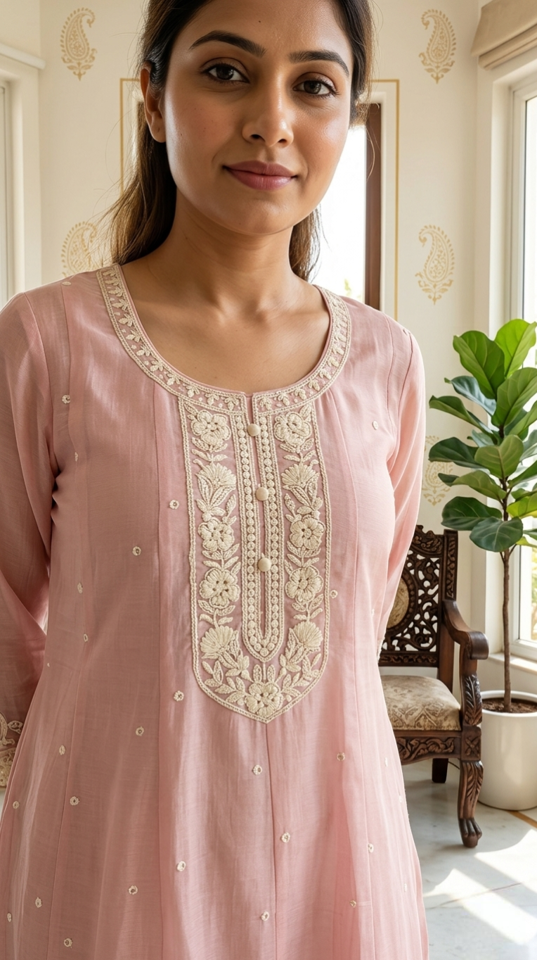 Women Pink Beads Work With Embroidered Cotton Kurta Pant Dupatta Set