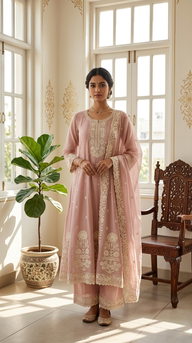 Women Pink Beads Work With Embroidered Cotton Kurta Pant Dupatta Set