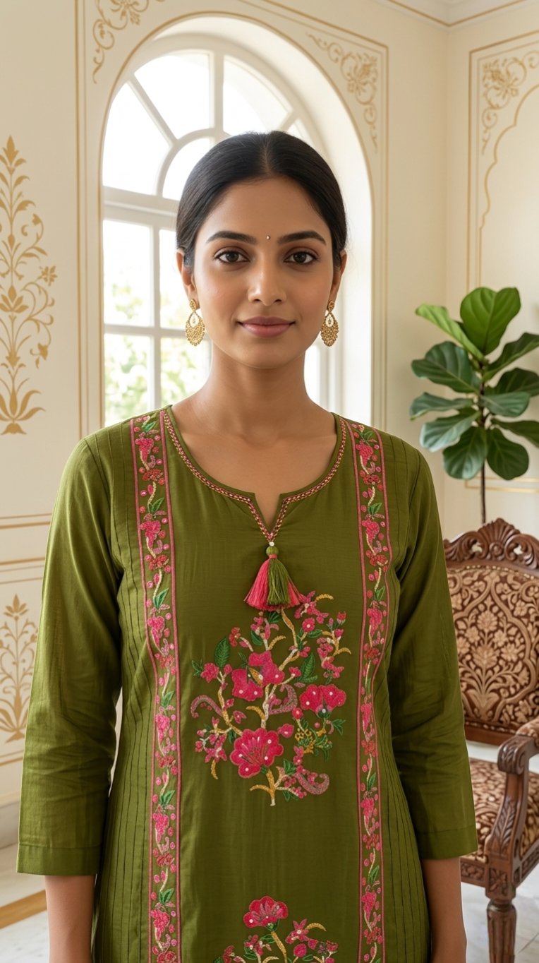 Women Green Embroidered Cotton Kurta Pant Dupatta Set