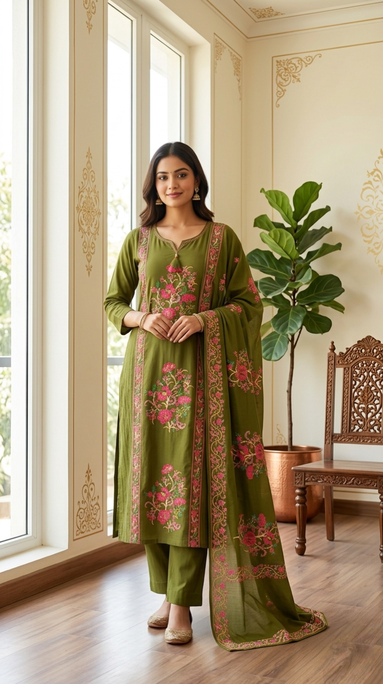 Women Green Embroidered Cotton Kurta Pant Dupatta Set