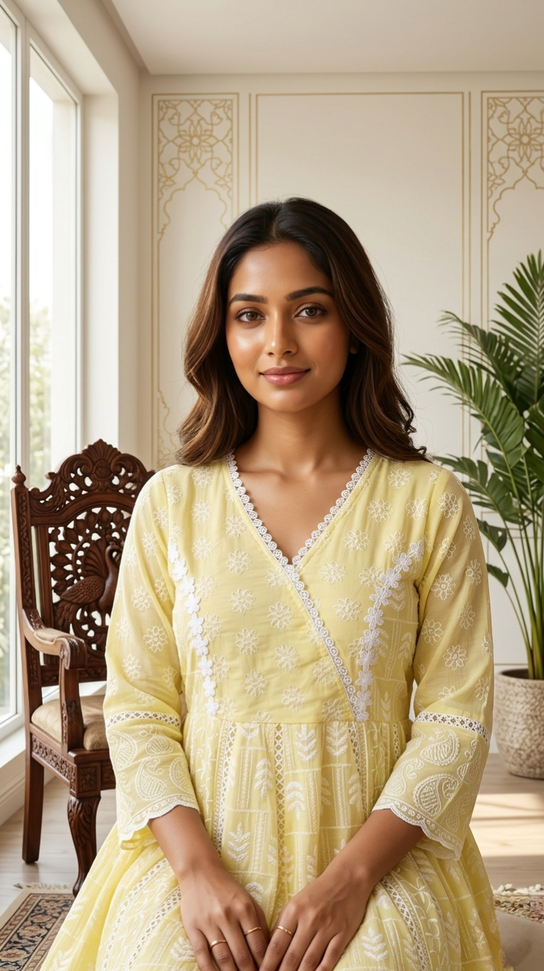 Women Yellow Lucknowi Work Mul Cotton Kurta Pant Dupatta Set