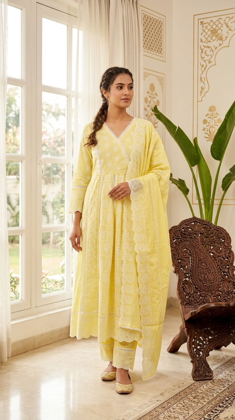 Women Yellow Lucknowi Work Mul Cotton Kurta Pant Dupatta Set