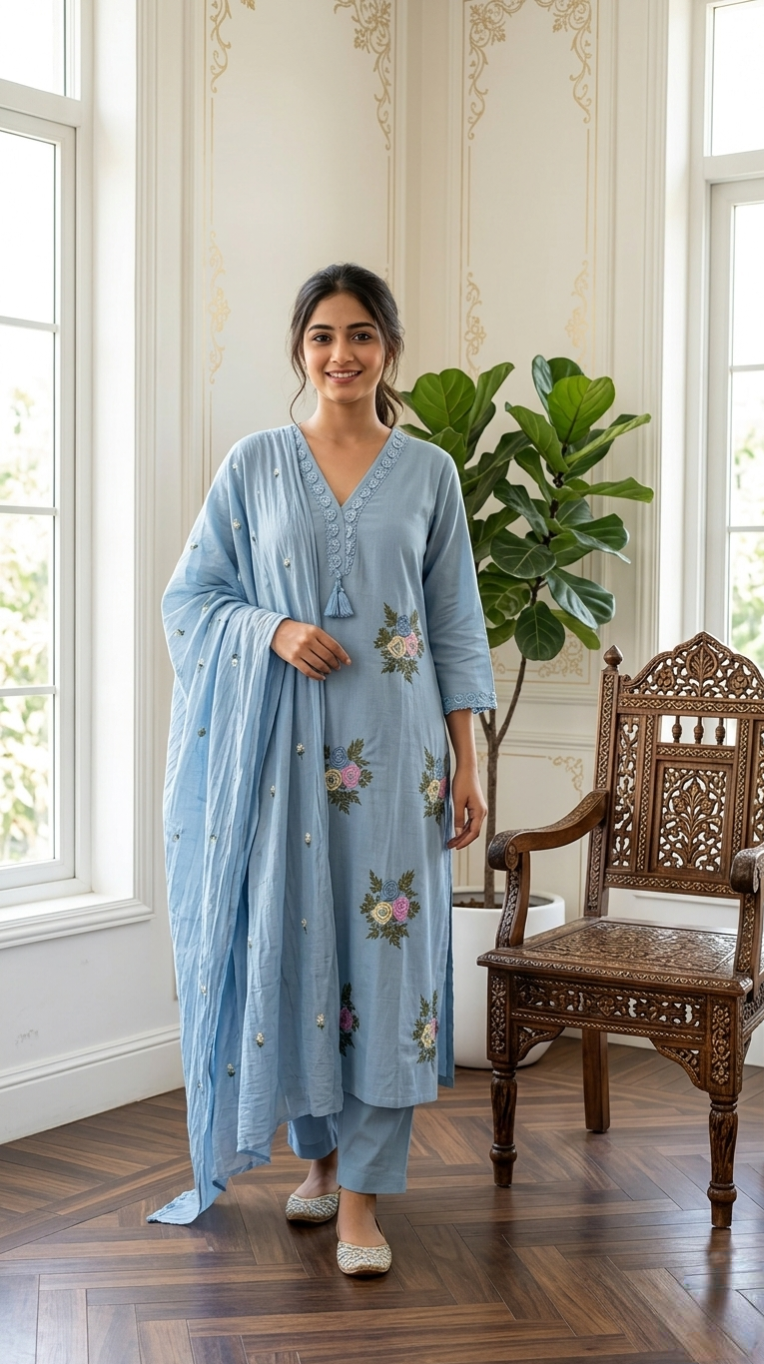 Women Sky Blue Floral Embroidered Cotton Kurta Pant Dupatta Set