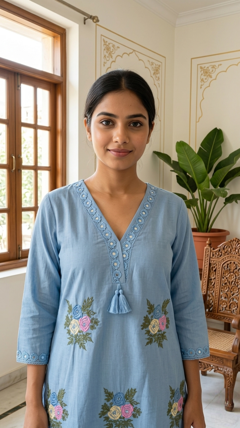 Women Sky Blue Floral Embroidered Cotton Kurta Pant Dupatta Set