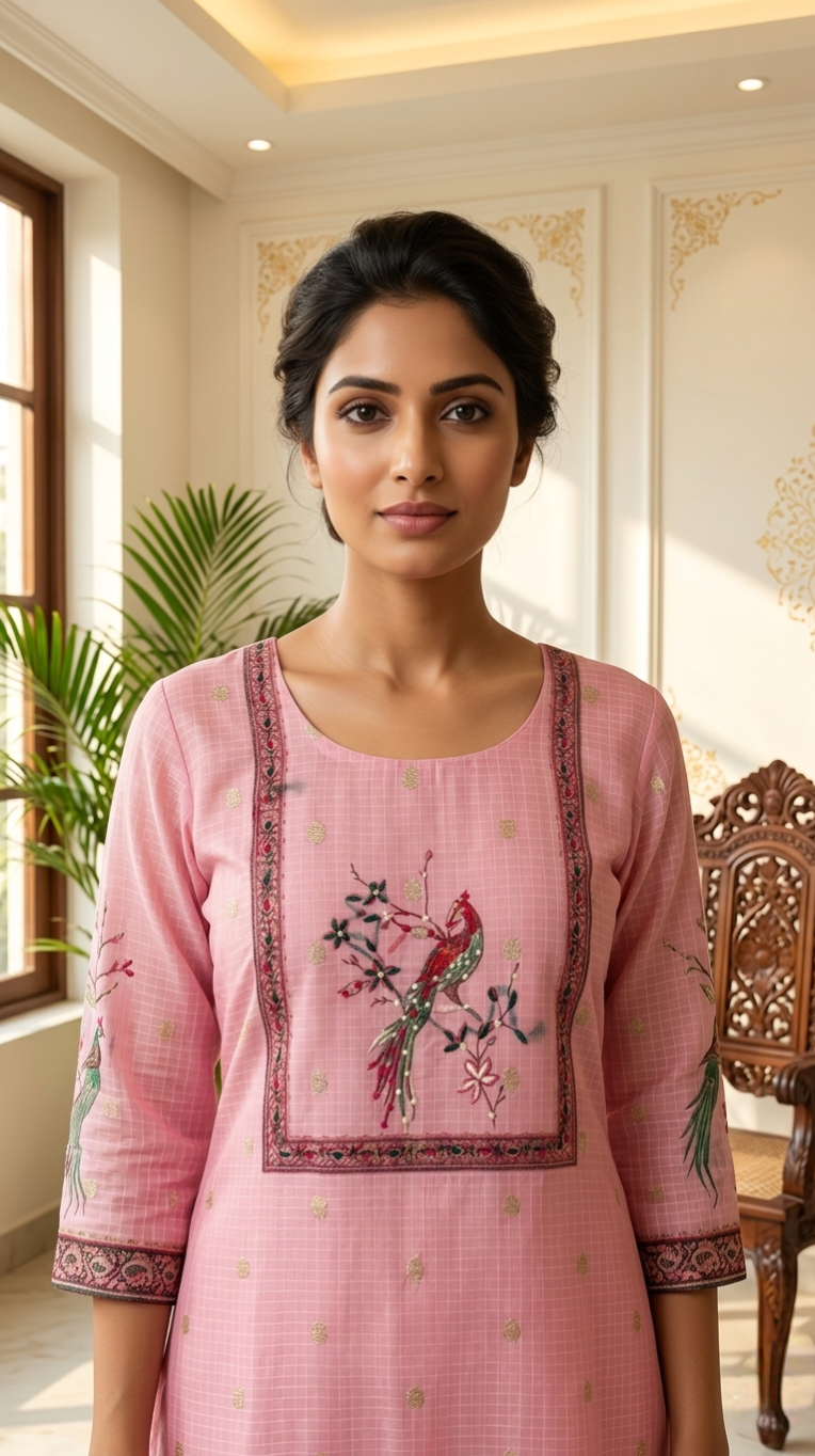 Women Pink Embroidered Kota Doria Kurta Pant Dupatta Set