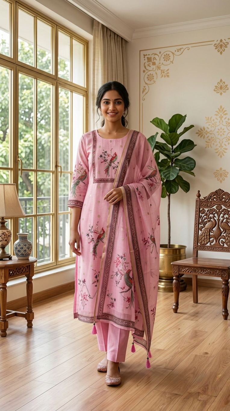 Women Pink Embroidered Kota Doria Kurta Pant Dupatta Set