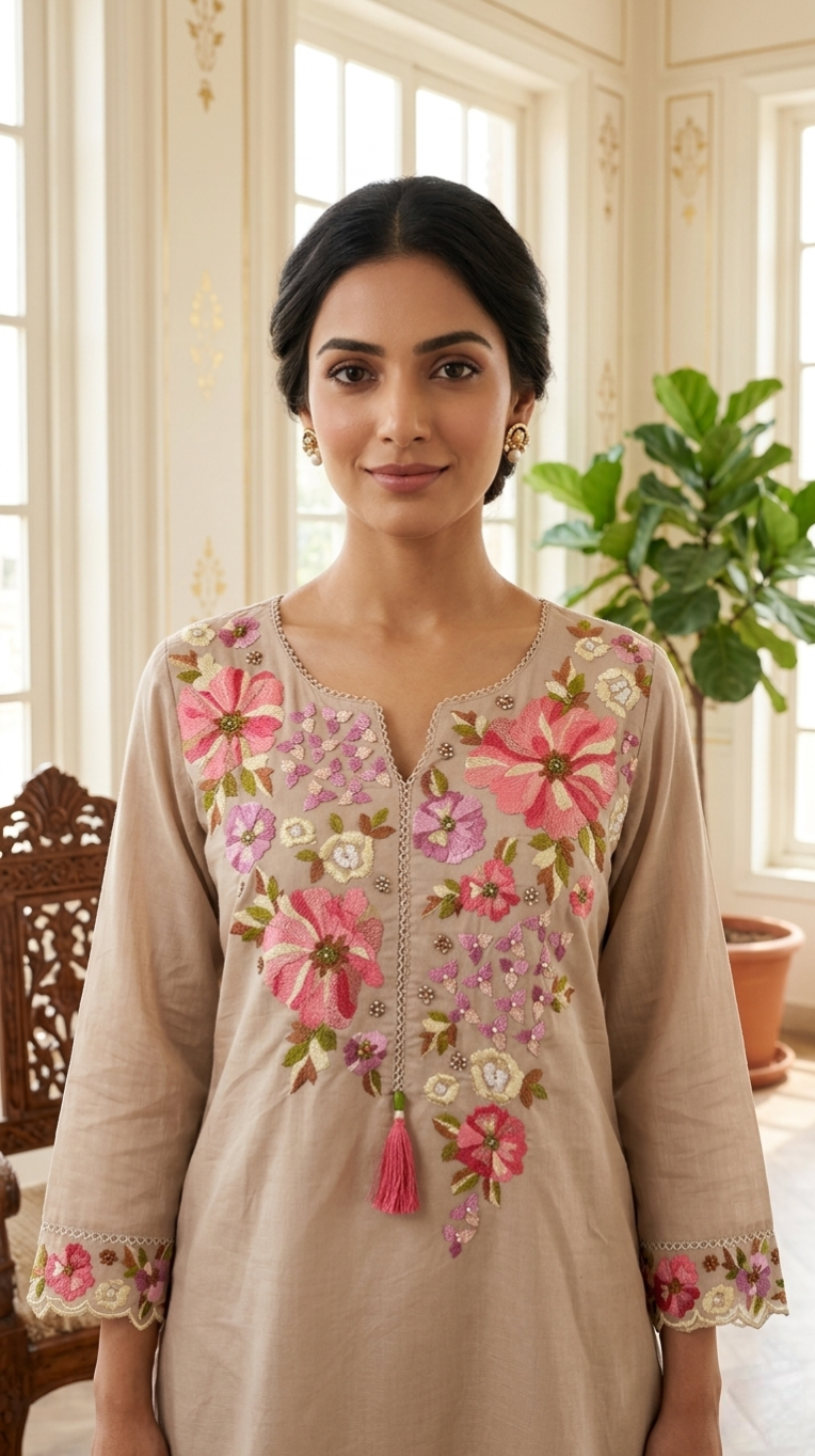 Women Beige Thread & Beads Embroidered Cotton Kurta Pant Dupatta Set